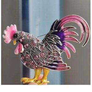 Vintage-Inspired Rooster - Gold Pink and Purple Rhinestones Brooch